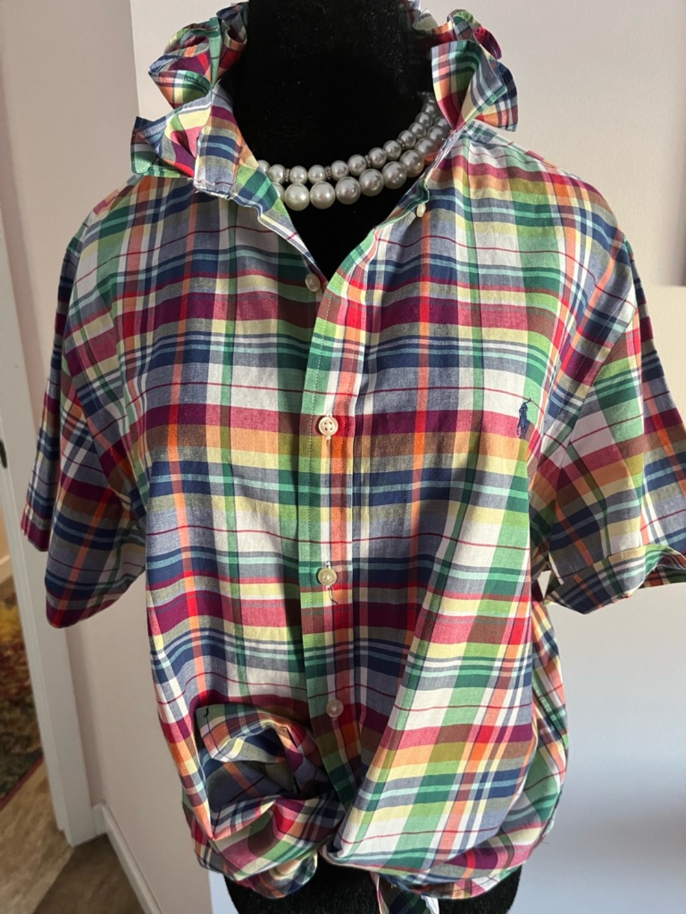 Upcycled Polo by Ralph Lauren Multicolor Plaid Short-Sleeve Ruffle Collar
